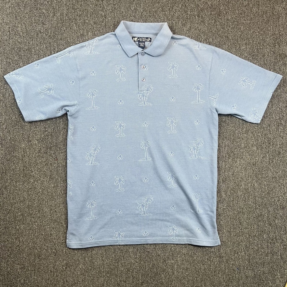 Big Dogs Y2K Palm Tree Print Polo Shirt Large Blue Cotton Blend Tropical Beach — photo 2